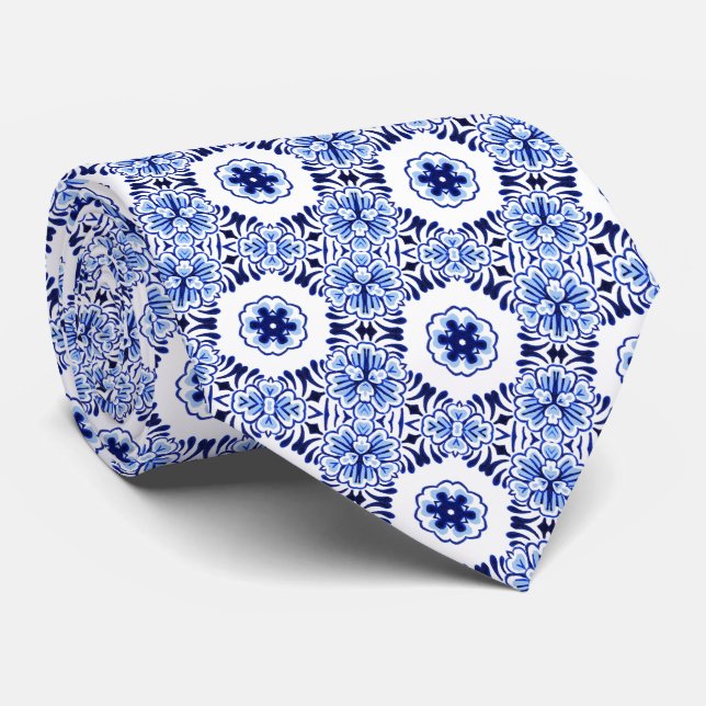 Chic Classic Dutch Delft Blue Floral Art Pattern Tie (Rolled)
