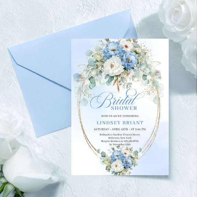 Chic Classic Pastel Blue Floral Gold Bridal Shower Invitation (Classic Pastel Blue Floral Gold Bridal Shower Invitation)