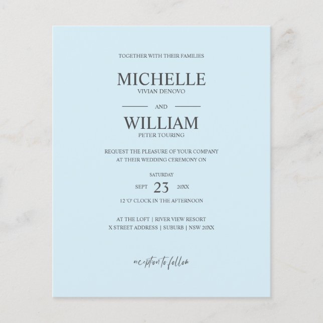 Chic Classic Plain Blue Elegant Budget Wedding (Front)