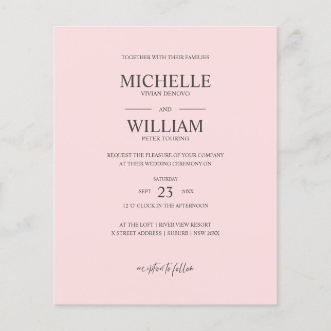 Chic Classic Plain Pink Elegant Budget Wedding (Front)