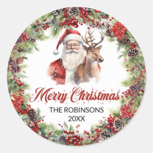 Chic classic red and green Santa with reindeer Classic Round Sticker