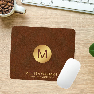 Chic Classy Faux Brown Leather & Gold Initials Mouse Pad