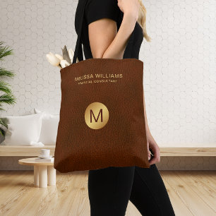 Chic Classy Faux Brown Leather & Gold Initials Tote Bag