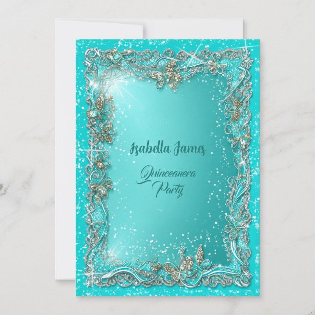 chic classy luxury turquoise silver 15th birthday invitation (Front)