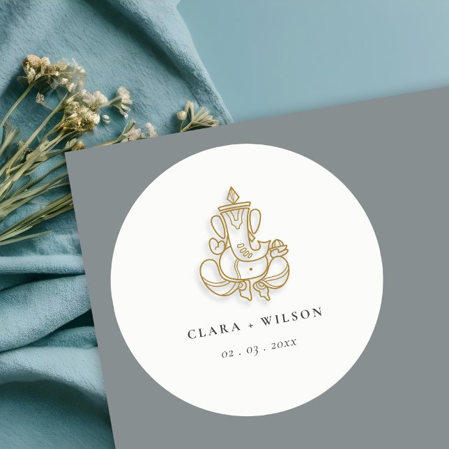 Chic Classy Minimal Gold Ganesh Indian Wedding Classic Round Sticker (Creator Uploaded)