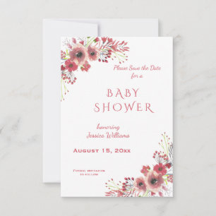 Chic Classy Red Floral Watercolor Baby Shower Save The Date