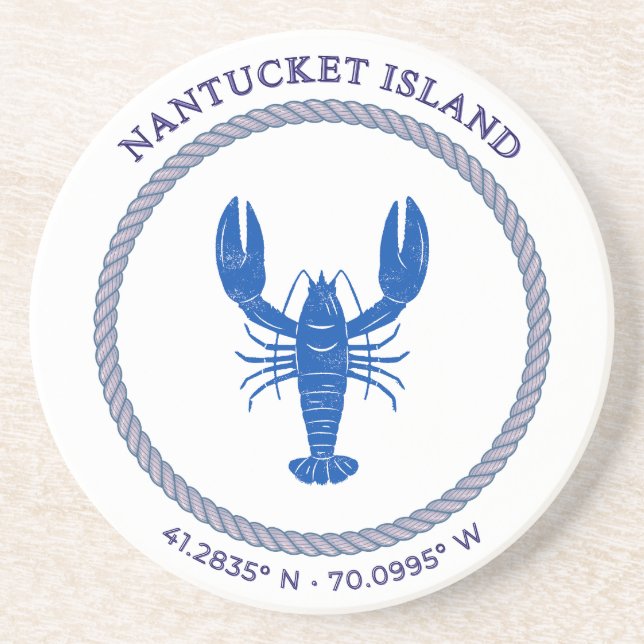Chic Coastal Blue Lobster & Rope Sandstone Coaster (Front)