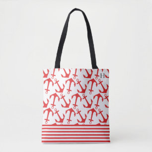 Chic Coastal Red Anchor Pattern Monogram Tote Bag