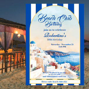 Chic Coastal Stripe GreeceBeach Club 50th Birthday Invitation