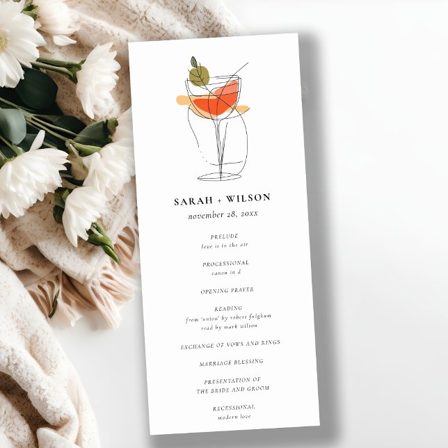Chic Cocktail Wine Line Drawing Wedding Program Invitation (Creator Uploaded)