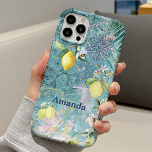 Chic collage blue turquoise sicilian citrus floral iPhone 15 case