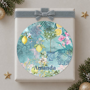 Chic collage blue turquoise sicilian citrus floral classic round sticker