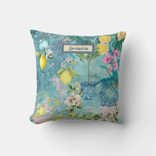 Chic collage blue turquoise sicilian citrus floral cushion