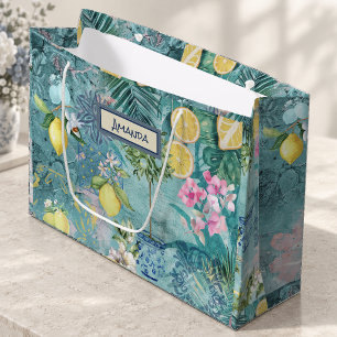 Chic collage blue turquoise sicilian citrus floral large gift bag