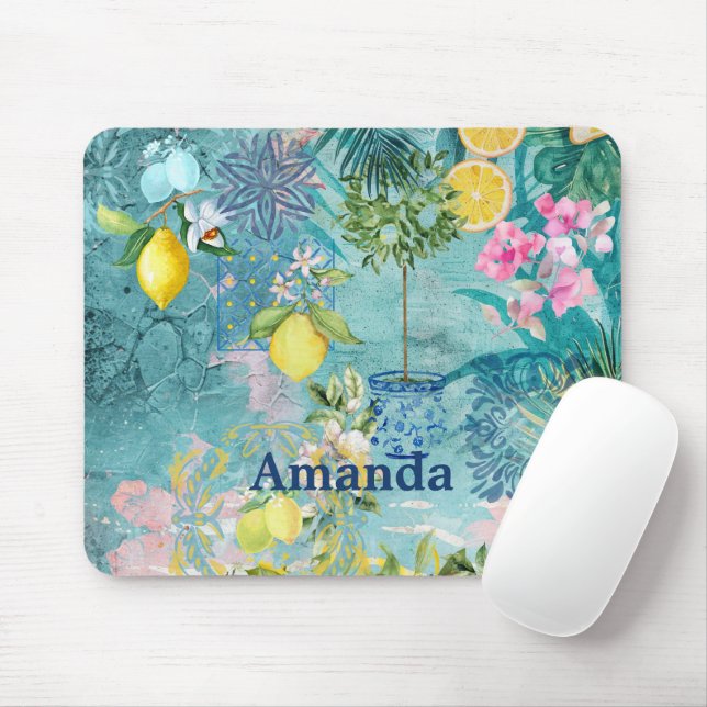 Chic collage blue turquoise sicilian citrus floral mouse pad (With Mouse)