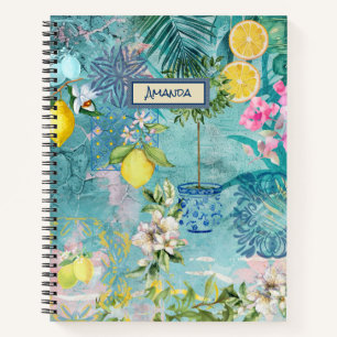 Chic collage blue turquoise sicilian citrus floral notebook