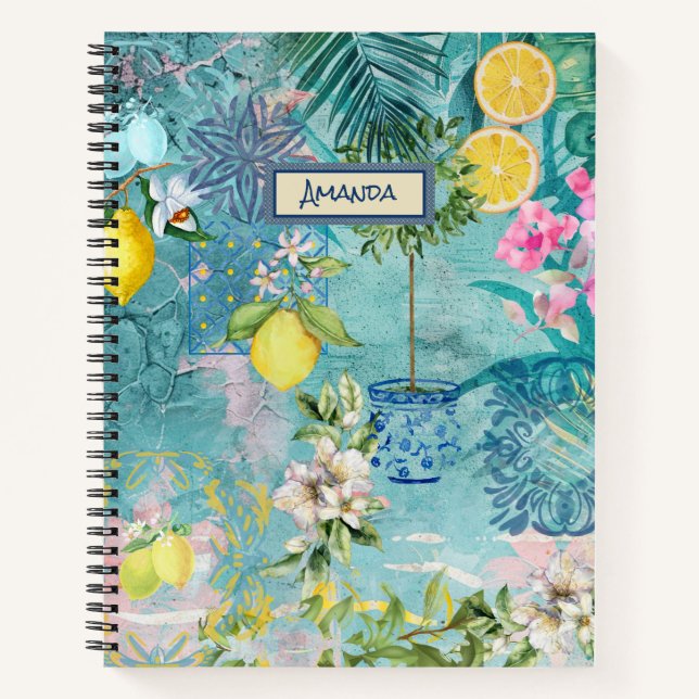Chic collage blue turquoise sicilian citrus floral notebook (Front)