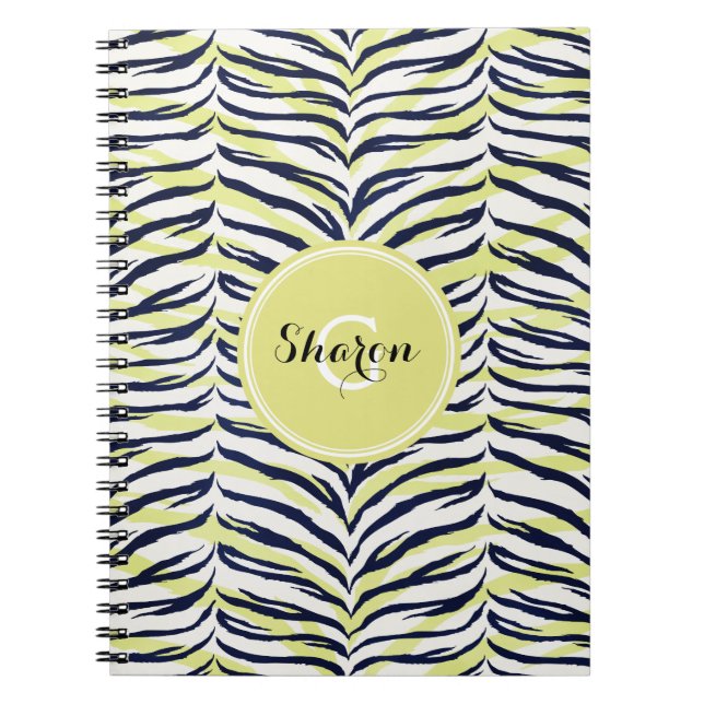 Chic colorful black & yellow zebra print monogram spiral notebook (Front)
