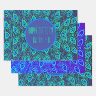 CHIC COLORFUL BLUE TEAL PEACOCK FEATHERS CUSTOM WRAPPING PAPER SHEET