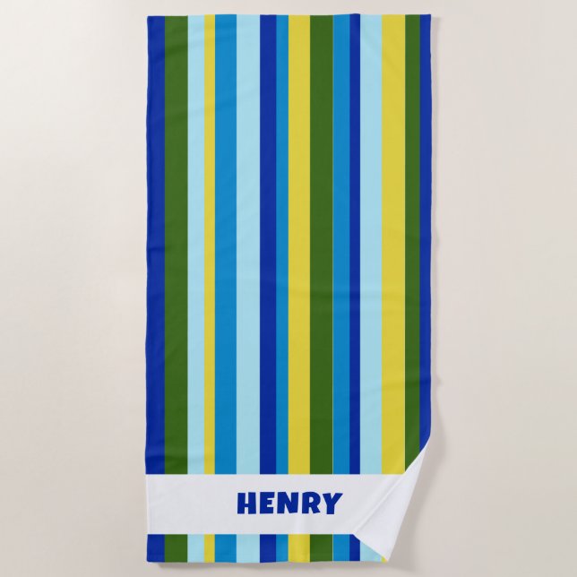 Chic Colorful Stripes Monogram Name Summer Beach Towel (Front)