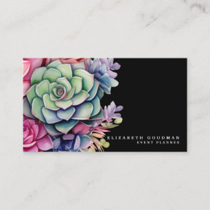 Chic Colorful Succulents Black Business Cards