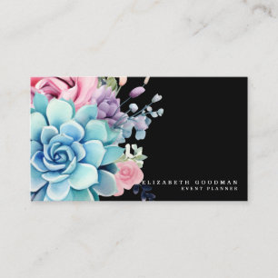 Chic Colorful Succulents Black Business Cards