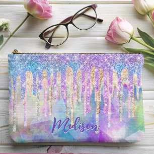 Chic colorful unicorn dripping glitter monogram accessory pouch