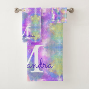 Chic colorful unicorn dripping glitter monogram bath towel set