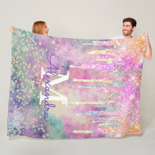 Chic colorful unicorn dripping glitter monogram fleece blanket