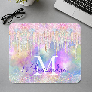 Chic colorful unicorn dripping glitter monogram mouse pad