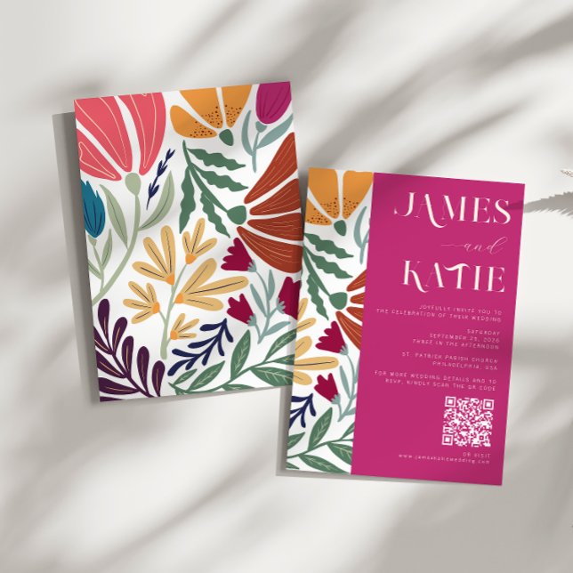 Chic Colourful Abstract Floral Retro Wedding QR Invitation (Creator Uploaded)