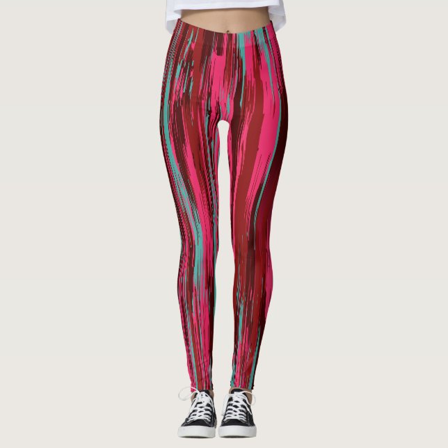 Chic Colourful Abstract Red &Pink Leggings (Front)