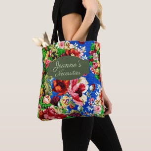 Chic Colourful Antique Floral Sage Green Name Tote Bag