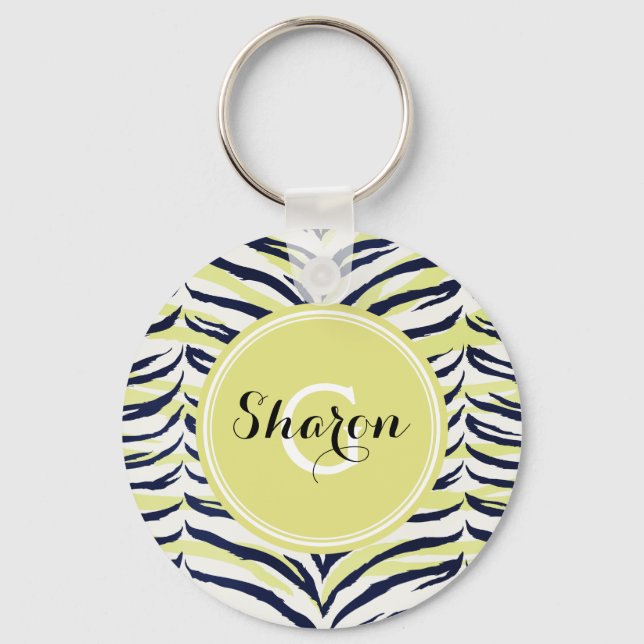 Chic colourful black & yellow zebra print monogram key ring (Front)
