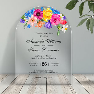 Chic colourful bright wildflowers wedding arch  acrylic invitations