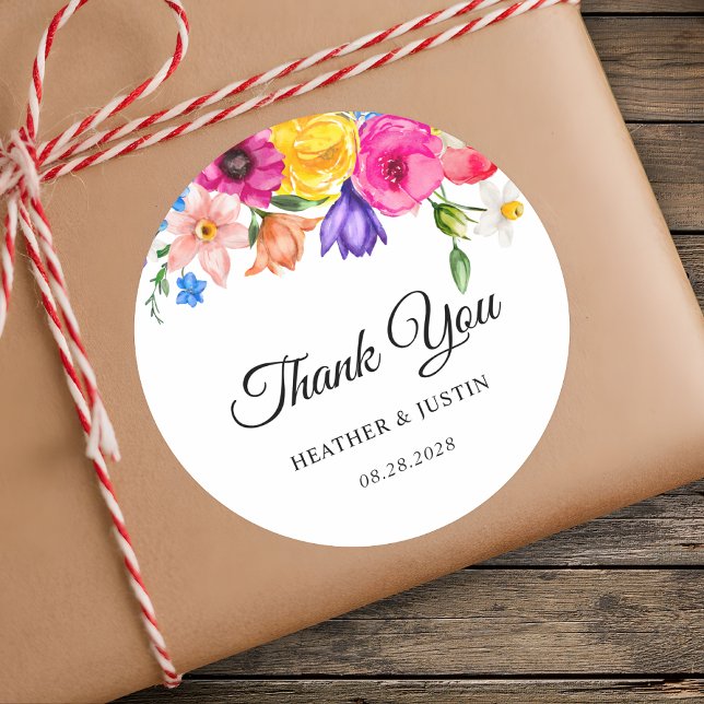 Chic colourful bright wildflowers wedding thank yo classic round sticker (Creator Uploaded)