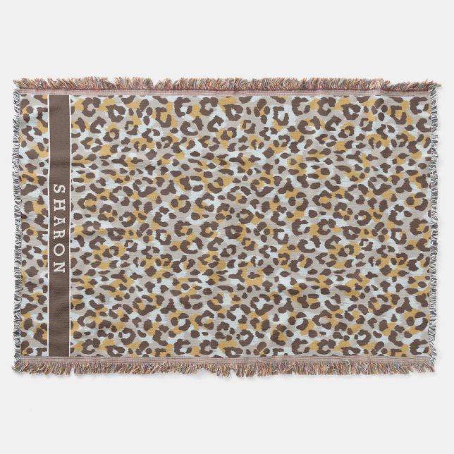 Chic colourful brown gold cheetah print monogram throw blanket (Front)