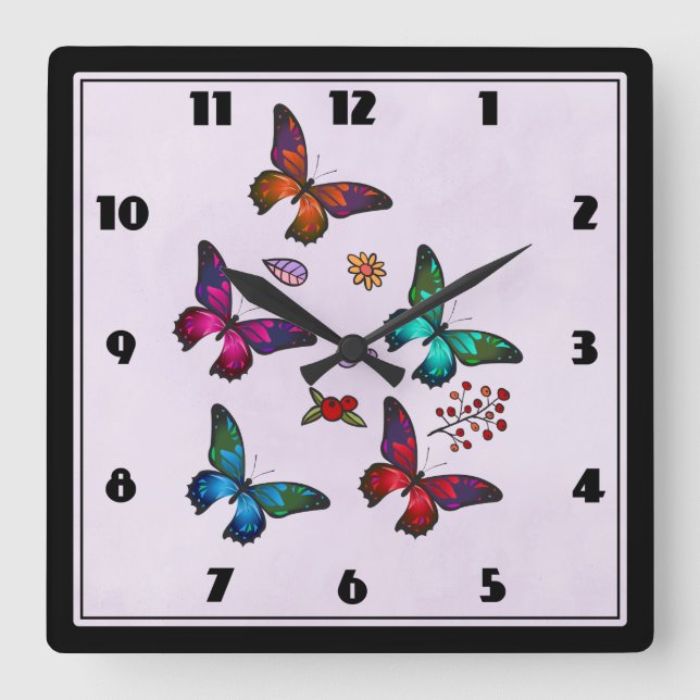 Chic Colourful Butterflies Pattern on Pastel Pink Square Wall Clock (Front)