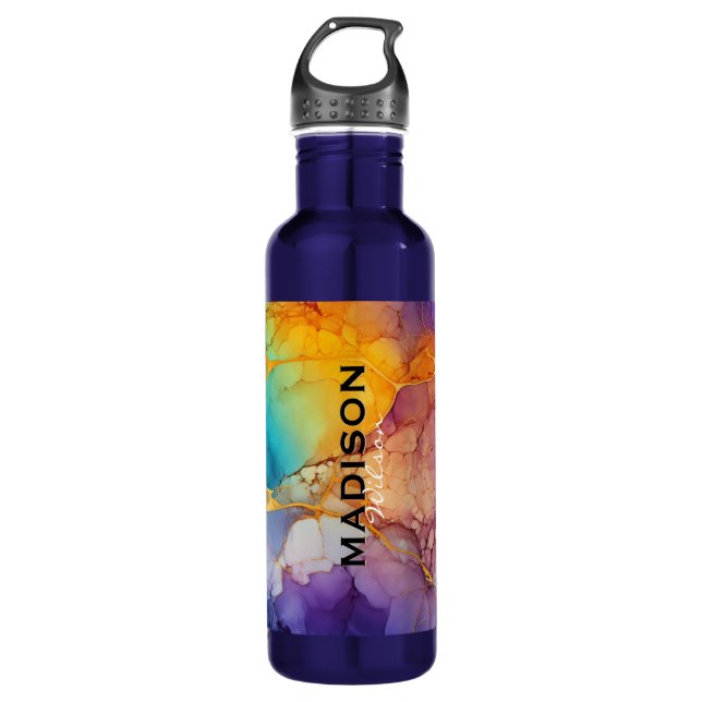 Chic colourful faux gold glitter marbling monogram 710 ml water bottle (Front)