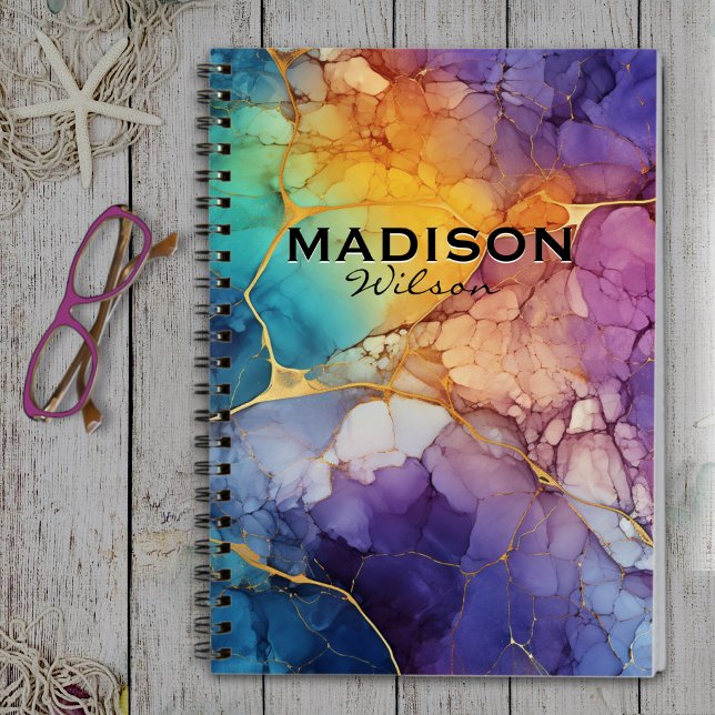Chic colourful faux gold glitter marbling monogram notebook (Creator Uploaded)