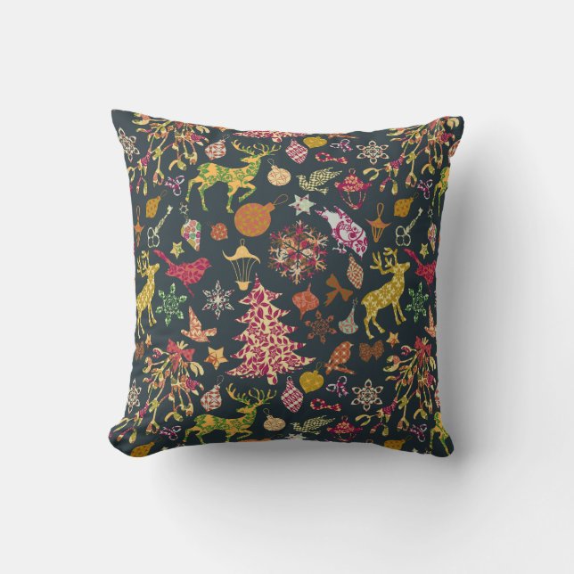 Chic Colourful Festive Patchwork Floral Damask Cushion (Front)
