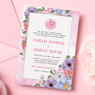 Chic Colourful Floral Frame Islamic Muslim Wedding Invitation