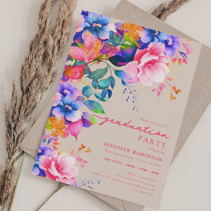 Chic Colourful Garden Floral Graduation Champagne  Invitation