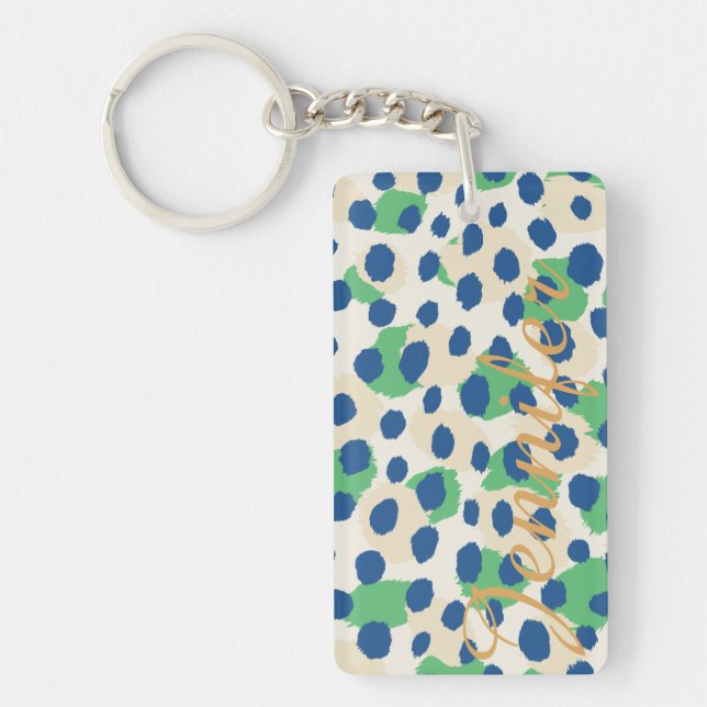 Chic colourful green blue cheetah print monogram key ring (Front)