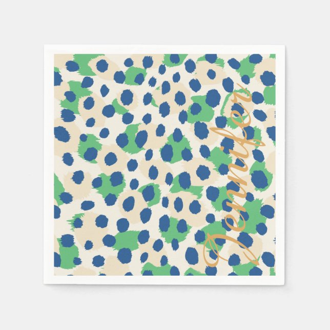 Chic colourful green blue cheetah print monogram napkin (Front)