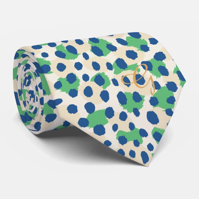 Chic colourful green blue cheetah print monogram tie (Rolled)