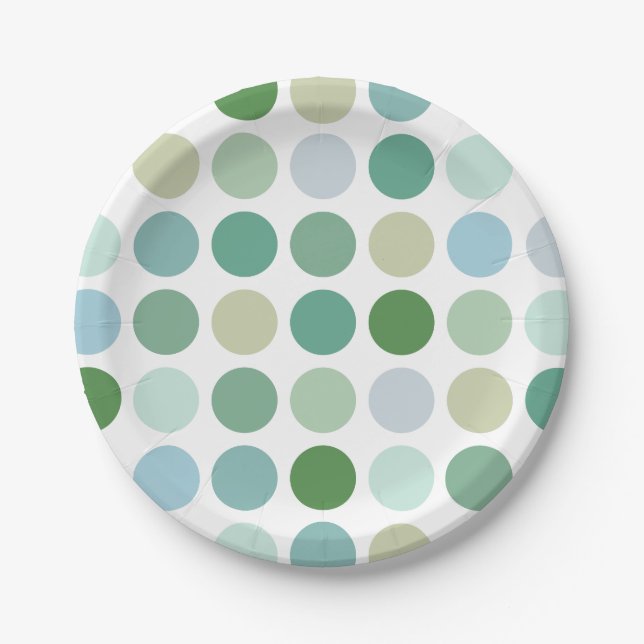 Chic colourful green polka dots pattern monogram paper plate (Front)