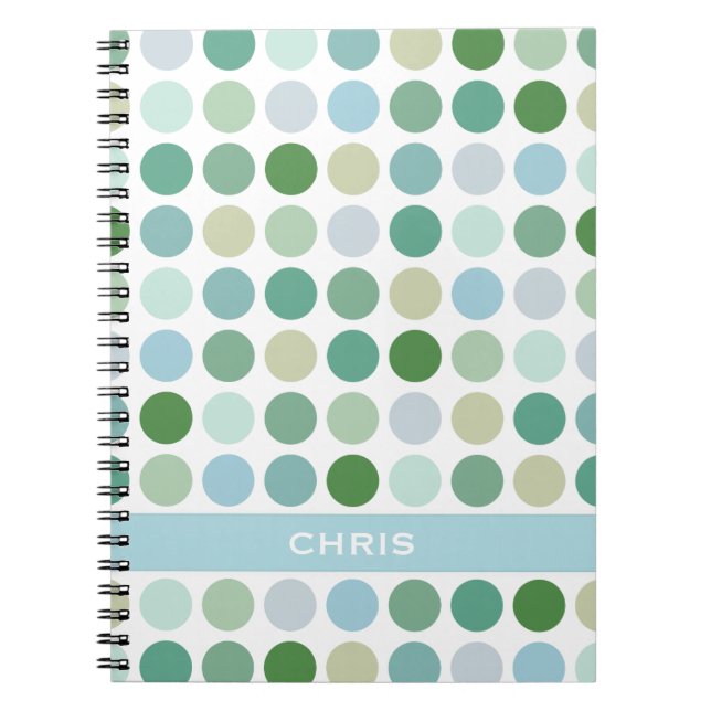 Chic colourful green polka dots pattern monogram spiral notebook (Front)