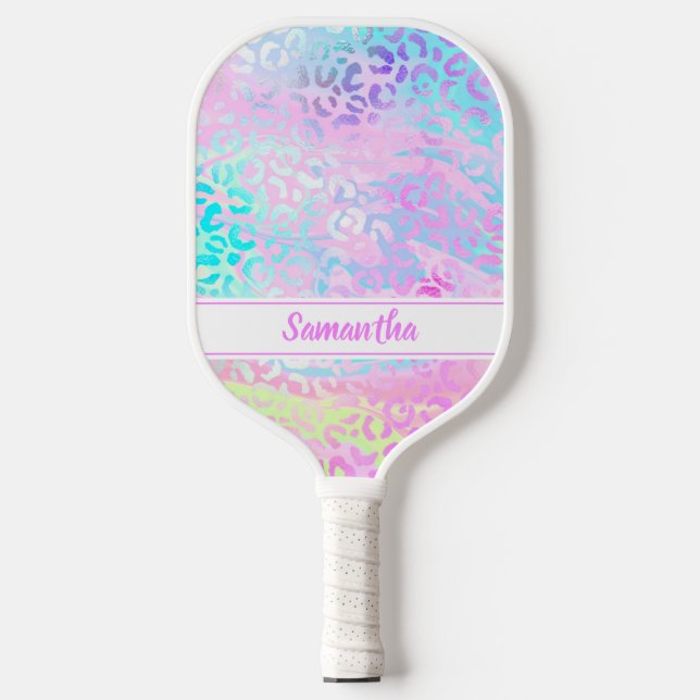 Chic Colourful Leopard Print Personalised Pickleball Paddle (Front)