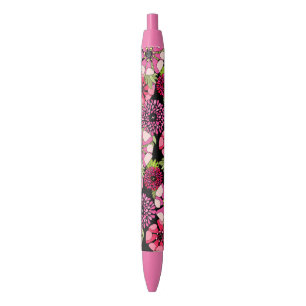 Chic Colourful Magnolia Flowers Pattern On Black Black Ink Pen